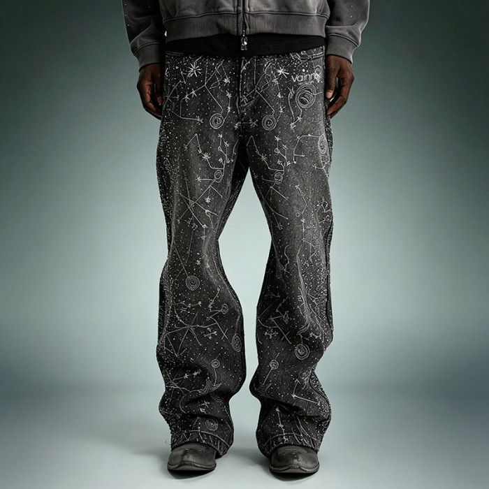 Custom Streetwear Washed Jeans | Wide Leg Rhinestone Denim Pants | High Quality High Waist Jeans