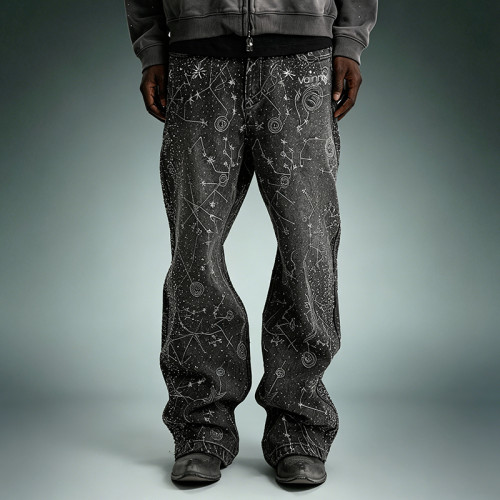 Custom Streetwear Washed Jeans | Wide Leg Rhinestone Denim Pants | High Quality High Waist Jeans