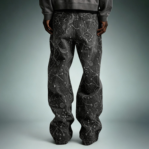 Custom Streetwear Washed Jeans | Wide Leg Rhinestone Denim Pants | High Quality High Waist Jeans