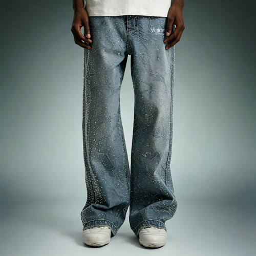 Custom Streetwear Washed Jeans | Wide Leg Rhinestone Denim Pants | High Quality High Waist Jeans