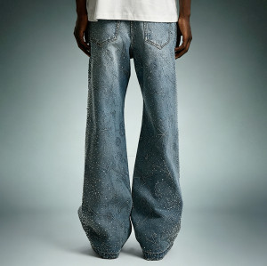 Custom Streetwear Washed Jeans | Wide Leg Rhinestone Denim Pants | High Quality High Waist Jeans