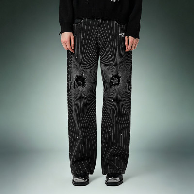 Custom Acid Wash Stripe Jeans | Ripped Rhinestone Flared Denim Jeans | Streetwear Jeans Manufacturer
