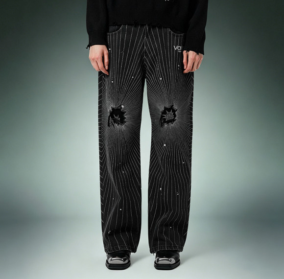 Custom Acid Wash Stripe Jeans | Ripped Rhinestone Flared Denim Jeans | Streetwear Jeans Manufacturer