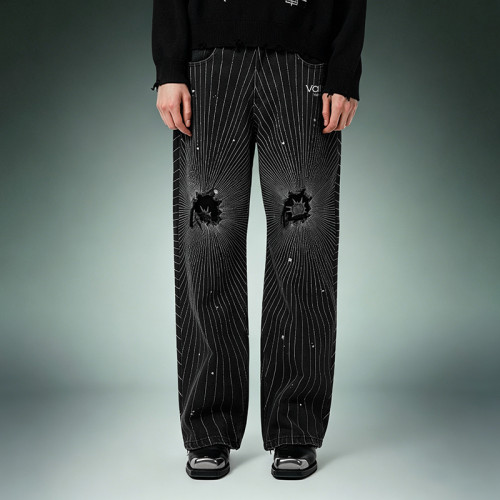 Custom Acid Wash Stripe Jeans | Ripped Rhinestone Flared Denim Jeans | Streetwear Jeans Manufacturer