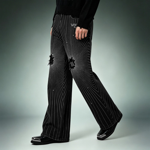 Custom Acid Wash Stripe Jeans | Ripped Rhinestone Flared Denim Jeans | Streetwear Jeans Manufacturer