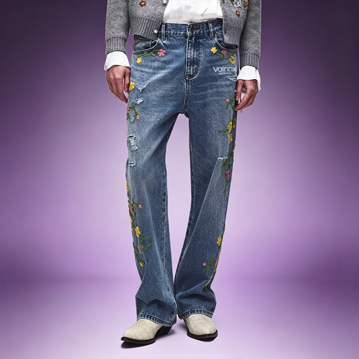 Custom Embroidery Washed Jeans | Distressed Denim Pants | High Quality High Waist Jeans