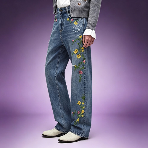 Custom Embroidery Washed Jeans | Distressed Denim Pants | High Quality High Waist Jeans