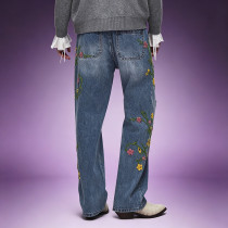 Custom Embroidery Washed Jeans | Distressed Denim Pants | High Quality High Waist Jeans