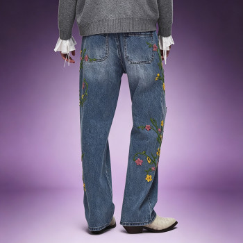 Custom Embroidery Washed Jeans | Distressed Denim Pants | High Quality High Waist Jeans