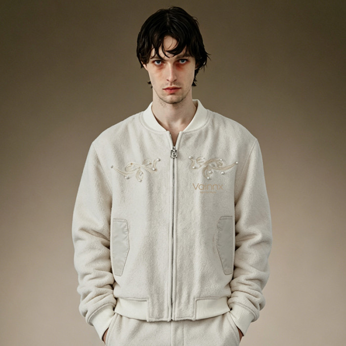 Custom Pearl Floral Embroidery Jacket | Men's Varsity Baseball Jacket | Fleece Zip Up Bomber Jacket