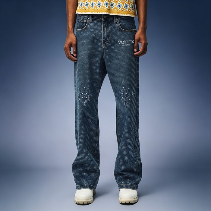 Custom Streetwear Washed Jeans | Straight Leg Rhinestone Denim Pants | High Quality Jeans Wholesale