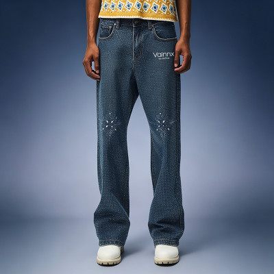 Custom Streetwear Washed Jeans | Straight Leg Rhinestone Denim Pants | High Quality Jeans Wholesale