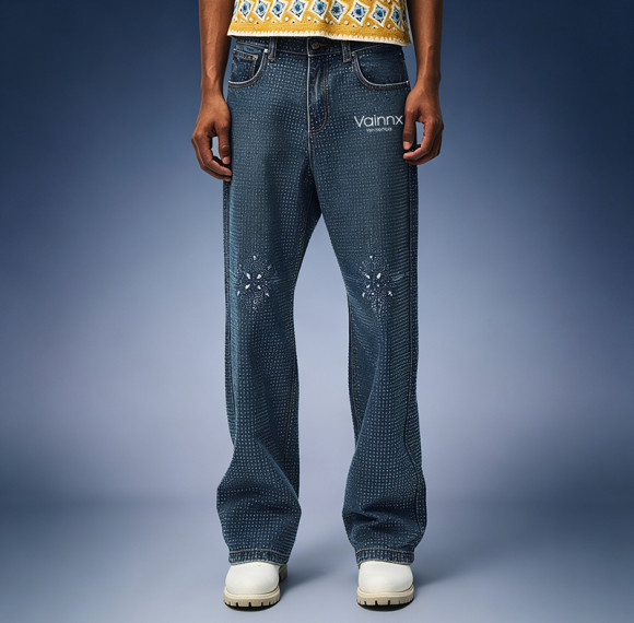 Custom Streetwear Washed Jeans | Straight Leg Rhinestone Denim Pants | High Quality Jeans Wholesale