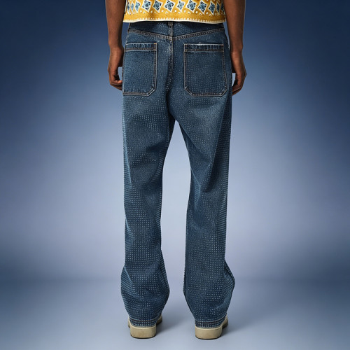 Custom Streetwear Washed Jeans | Straight Leg Rhinestone Denim Pants | High Quality Jeans Wholesale