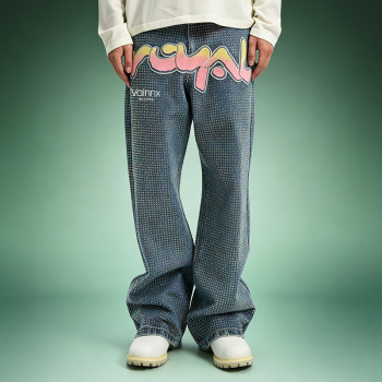 Custom Graffiti Print Jeans | Streetwear Rhinestone Denim Pants | Wide Leg Baggy Jeans