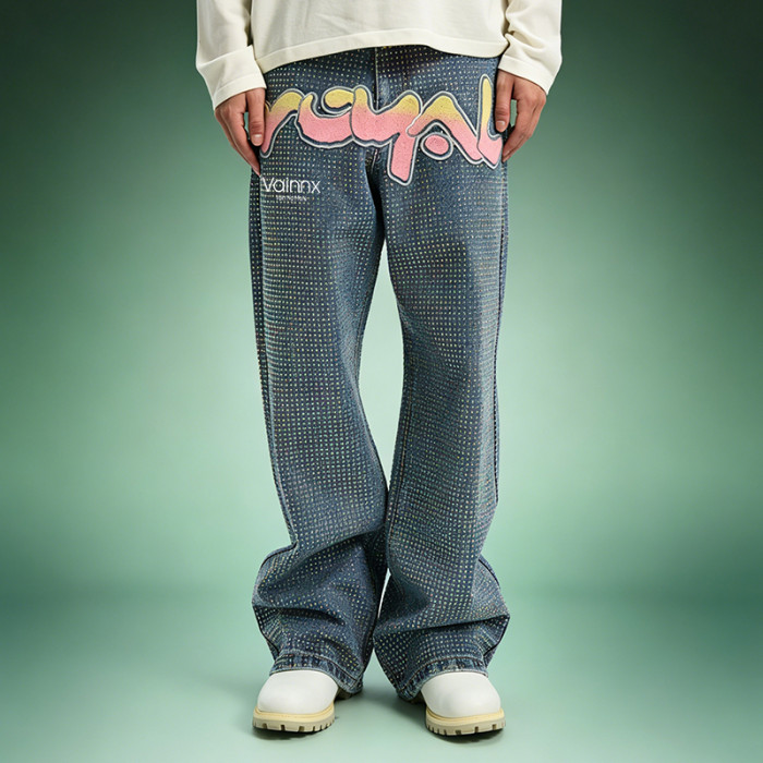 Custom Graffiti Print Jeans | Streetwear Rhinestone Denim Pants | Wide Leg Baggy Jeans