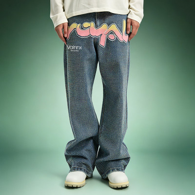 Custom Graffiti Print Jeans | Streetwear Rhinestone Denim Pants | Wide Leg Baggy Jeans