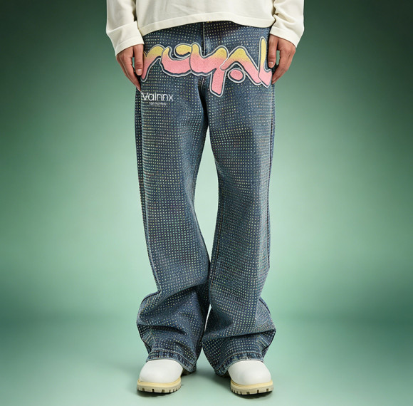 Custom Graffiti Print Jeans | Streetwear Rhinestone Denim Pants | Wide Leg Baggy Jeans