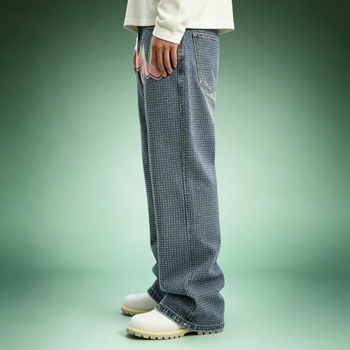 Custom Graffiti Print Jeans | Streetwear Rhinestone Denim Pants | Wide Leg Baggy Jeans