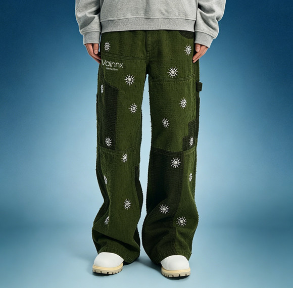 Custom Patchwork Embroidery Pants | Oversized Cargo Casual Pants | Side Pocket Straight Leg Pants
