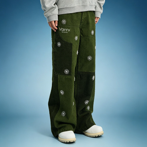 Custom Patchwork Embroidery Pants | Oversized Cargo Casual Pants | Side Pocket Straight Leg Pants