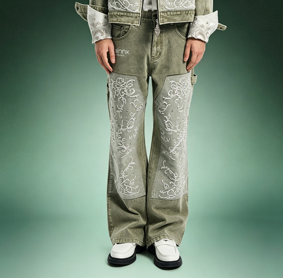 Custom Denim Jeans | Acid Wash Flare Cargo Jeans | Patchwork Embroidery Rhinestone Denim Pants