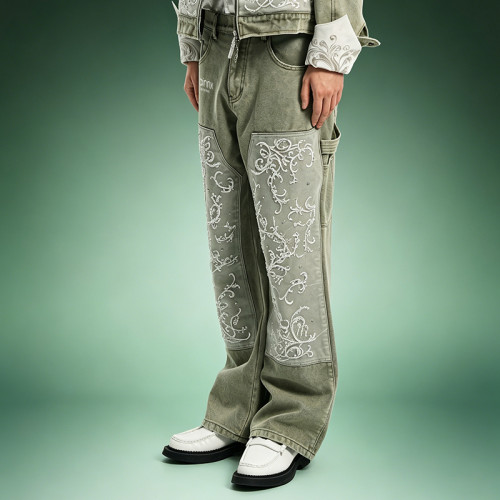 Custom Denim Jeans | Acid Wash Flare Cargo Jeans | Patchwork Embroidery Rhinestone Denim Pants