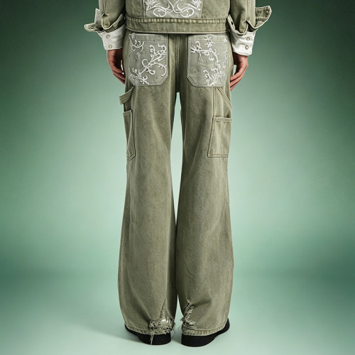 Custom Denim Jeans | Acid Wash Flare Cargo Jeans | Patchwork Embroidery Rhinestone Denim Pants