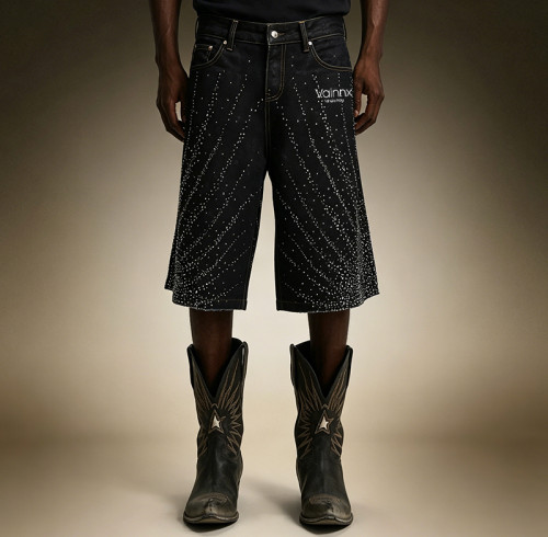 Custom Men's Streetwear Denim Shorts | Designer Washed Shorts | Rhinestone Wide Leg Denim Shorts