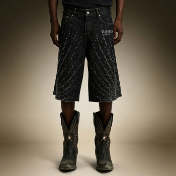 Custom Men's Streetwear Denim Shorts | Designer Washed Shorts | Rhinestone Wide Leg Denim Shorts