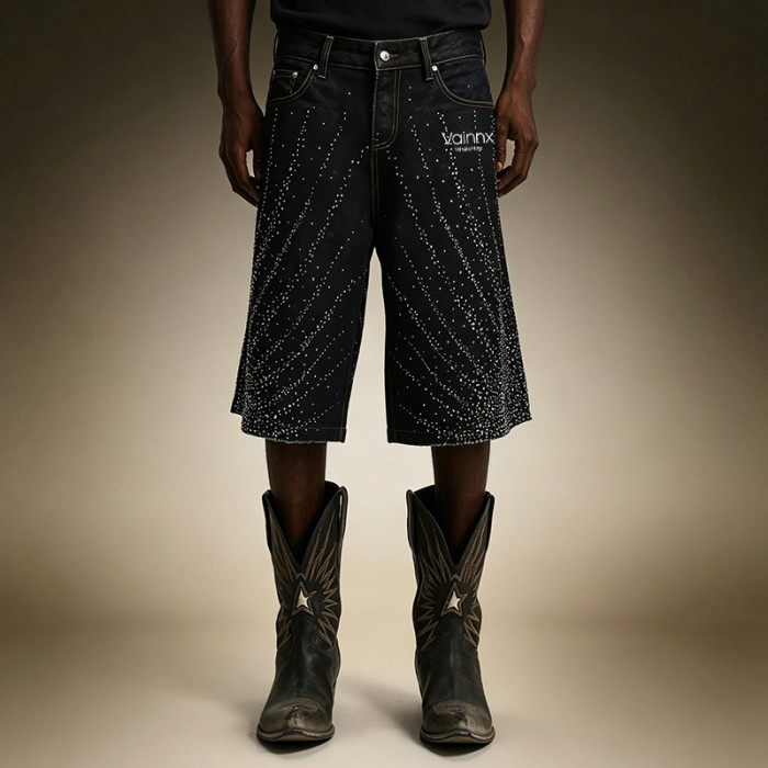 Custom Men's Streetwear Denim Shorts | Designer Washed Shorts | Rhinestone Wide Leg Denim Shorts
