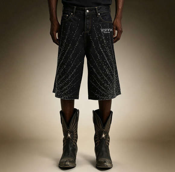 Custom Men's Streetwear Denim Shorts | Designer Washed Shorts | Rhinestone Wide Leg Denim Shorts
