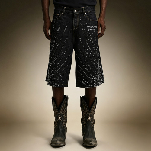 Custom Men's Streetwear Denim Shorts | Designer Washed Shorts | Rhinestone Wide Leg Denim Shorts