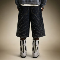 Custom Men's Streetwear Denim Shorts | Designer Washed Shorts | Rhinestone Wide Leg Denim Shorts