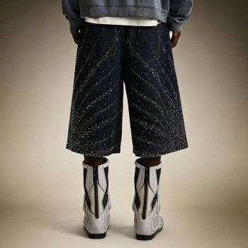 Custom Men's Streetwear Denim Shorts | Designer Washed Shorts | Rhinestone Wide Leg Denim Shorts