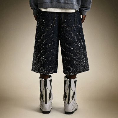 Custom Men's Streetwear Denim Shorts | Designer Washed Shorts | Rhinestone Wide Leg Denim Shorts