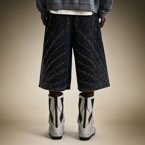 Custom Men's Streetwear Denim Shorts | Designer Washed Shorts | Rhinestone Wide Leg Denim Shorts