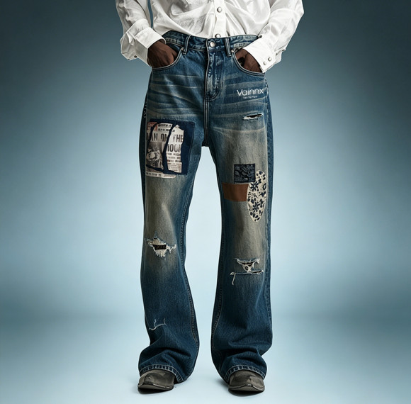 OEM Custom Streetwear Jeans | Vintage Washed Denim Pants | Patch Embroidery Distressed Jeans