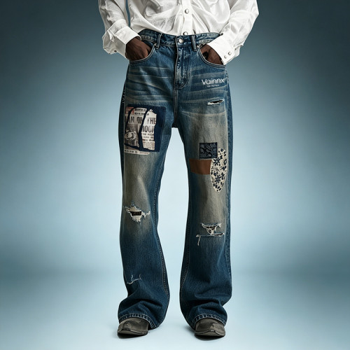 OEM Custom Streetwear Jeans | Vintage Washed Denim Pants | Patch Embroidery Distressed Jeans