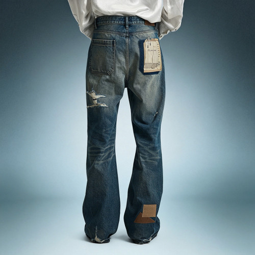 OEM Custom Streetwear Jeans | Vintage Washed Denim Pants | Patch Embroidery Distressed Jeans