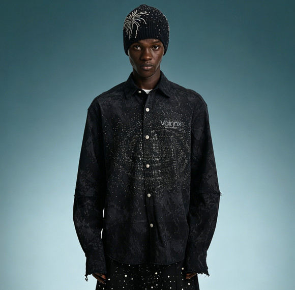Custom Embroidery Vintage Print Shirt | Acid Wash Rhinestone Oversized Shirt | Men's Streetwear Shirt