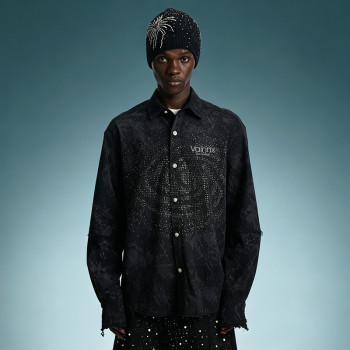 Custom Embroidery Vintage Print Shirt | Acid Wash Rhinestone Oversized Shirt | Men's Streetwear Shirt
