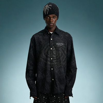 Custom Embroidery Vintage Print Shirt | Acid Wash Rhinestone Oversized Shirt | Men's Streetwear Shirt