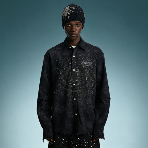 Custom Embroidery Vintage Print Shirt | Acid Wash Rhinestone Oversized Shirt | Men's Streetwear Shirt