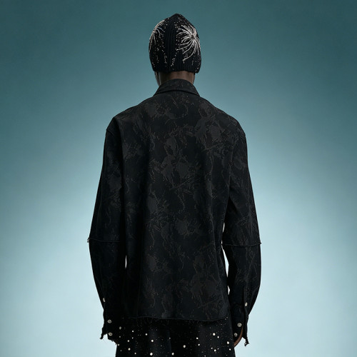 Custom Embroidery Vintage Print Shirt | Acid Wash Rhinestone Oversized Shirt | Men's Streetwear Shirt