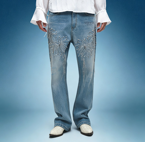 Custom Washed  Straight Leg Jeans | Rhinestone Streetwear Denim Pants | Thick High Waist Jeans