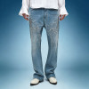 Custom Washed  Straight Leg Jeans | Rhinestone Streetwear Denim Pants | Thick High Waist Jeans