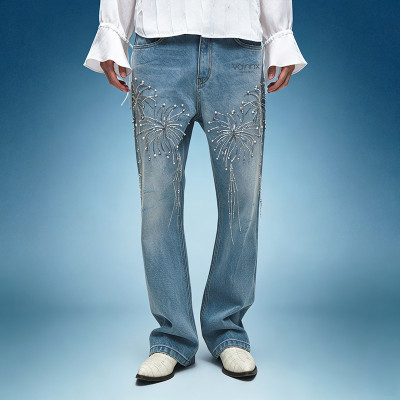 Custom Washed  Straight Leg Jeans | Rhinestone Streetwear Denim Pants | Thick High Waist Jeans
