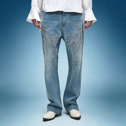 Custom Washed Straight Leg Jeans | Rhinestone Streetwear Denim Pants | Thick High Waist Jeans