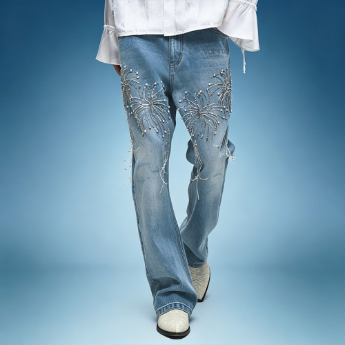 Custom Washed Straight Leg Jeans | Rhinestone Streetwear Denim Pants | Thick High Waist Jeans